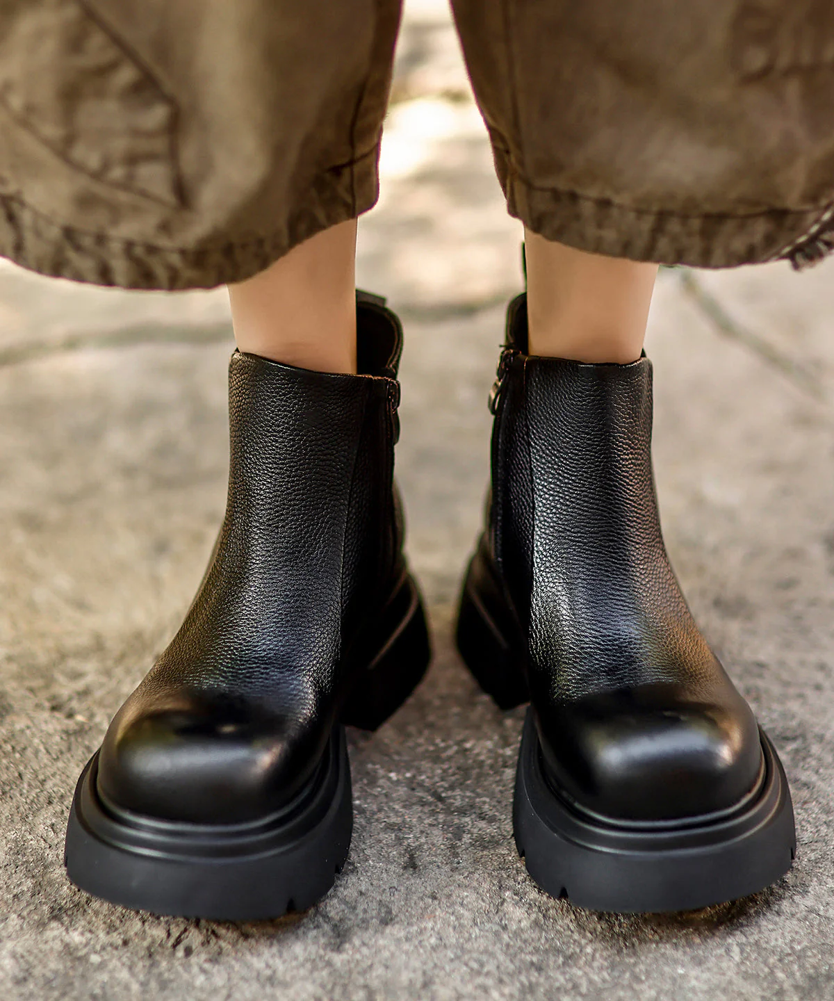 Unique Black Zippered Splicing Platform Cowhide Leather Boots - Image 3