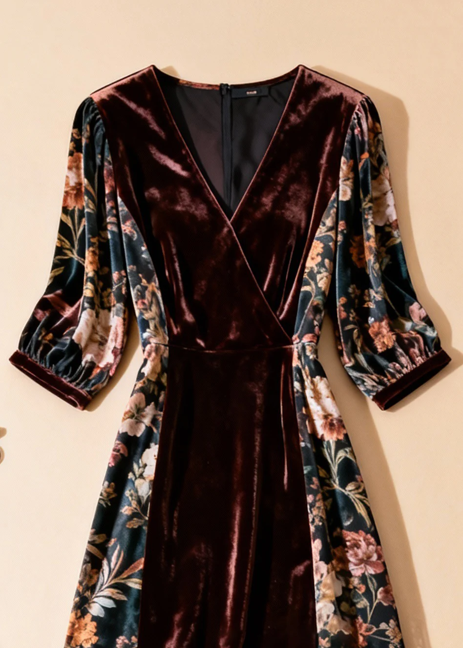 Unique Blackish Green Print Tulle Patchwork Silk Velvet Dresses Half Sleeve - Image 2