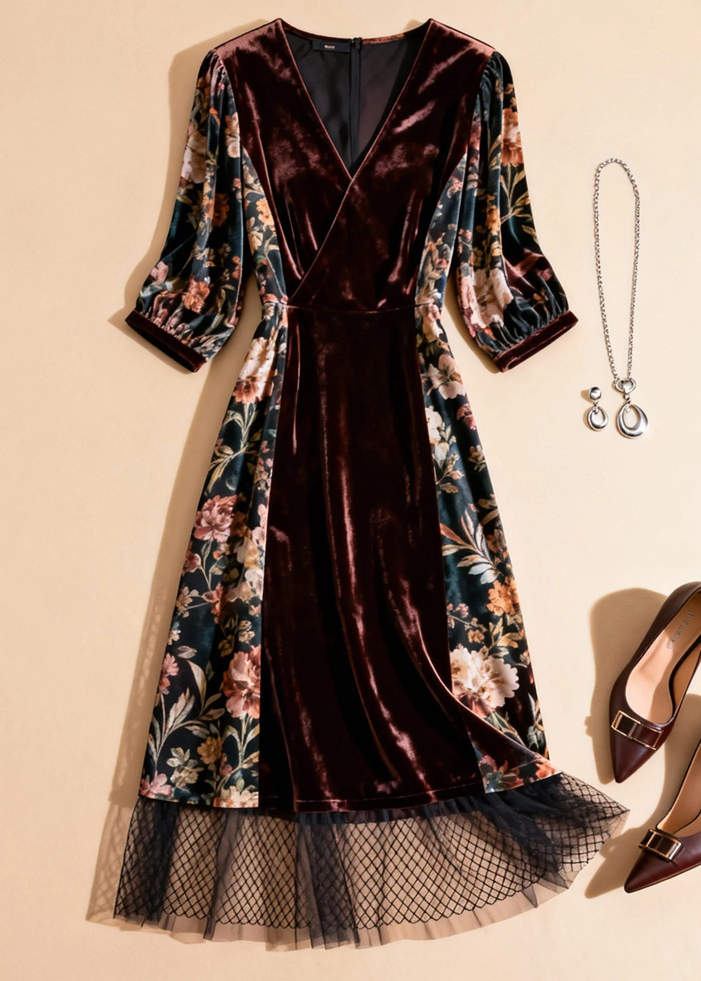 Unique Blackish Green Print Tulle Patchwork Silk Velvet Dresses Half Sleeve - Image 3