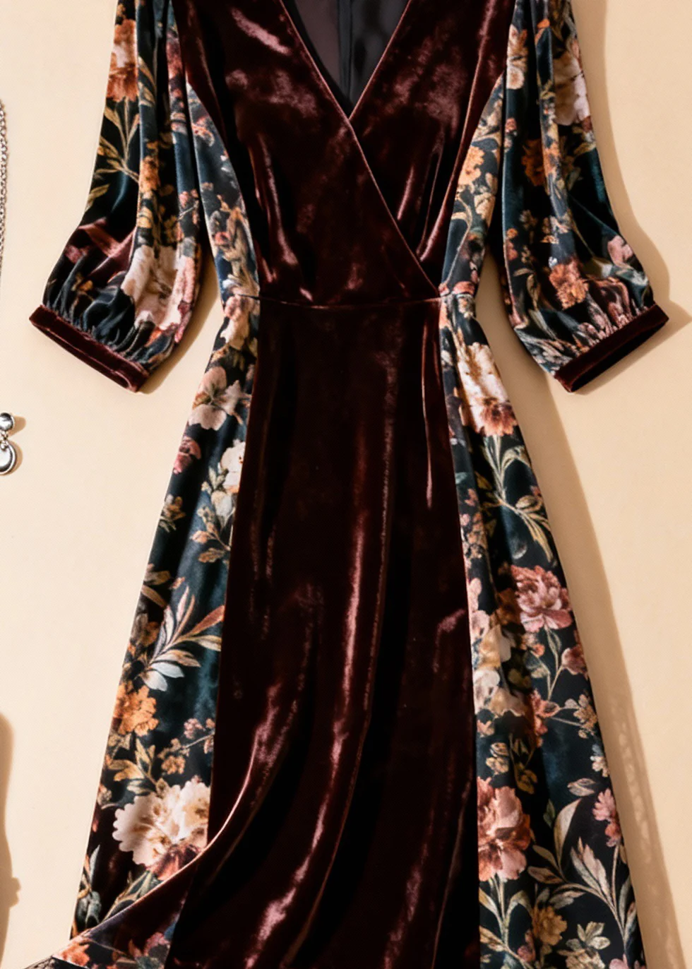 Unique Blackish Green Print Tulle Patchwork Silk Velvet Dresses Half Sleeve - Image 4