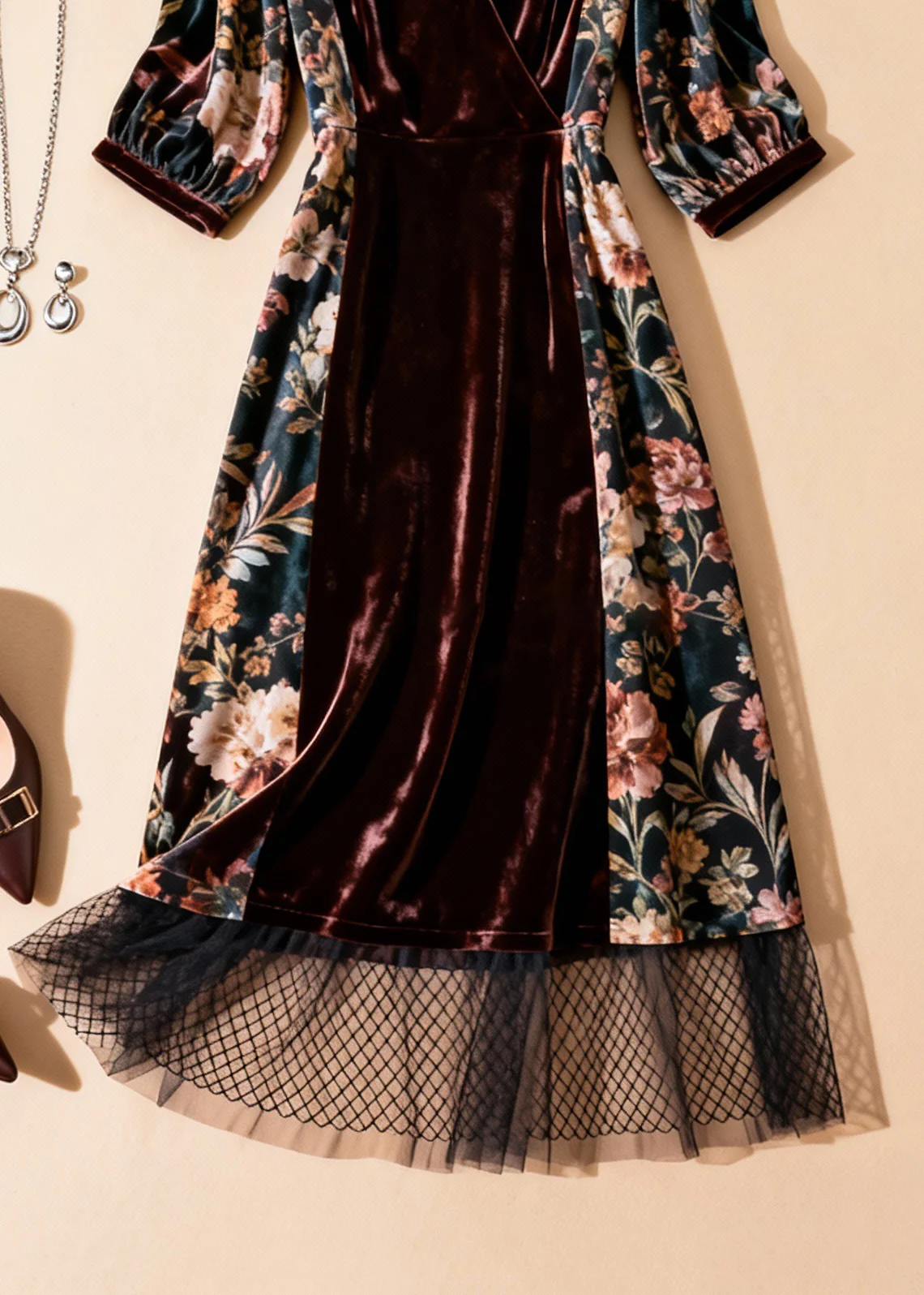 Unique Blackish Green Print Tulle Patchwork Silk Velvet Dresses Half Sleeve - Image 5