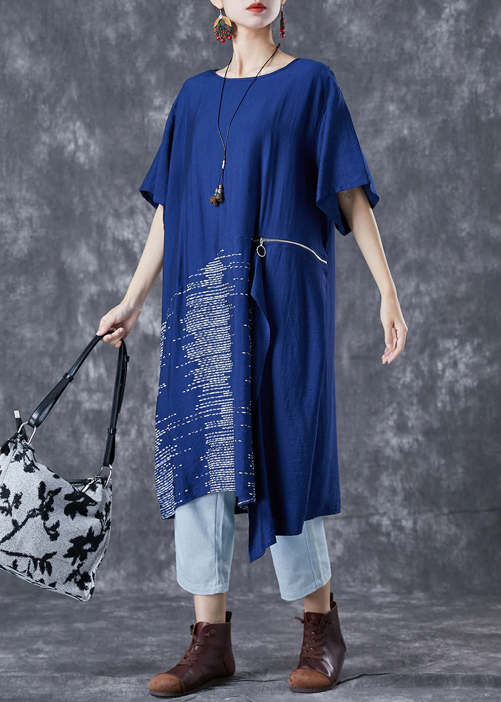 Unique Blue Asymmetrical Patchwork Zippered Cotton Dresses Summer - Image 2