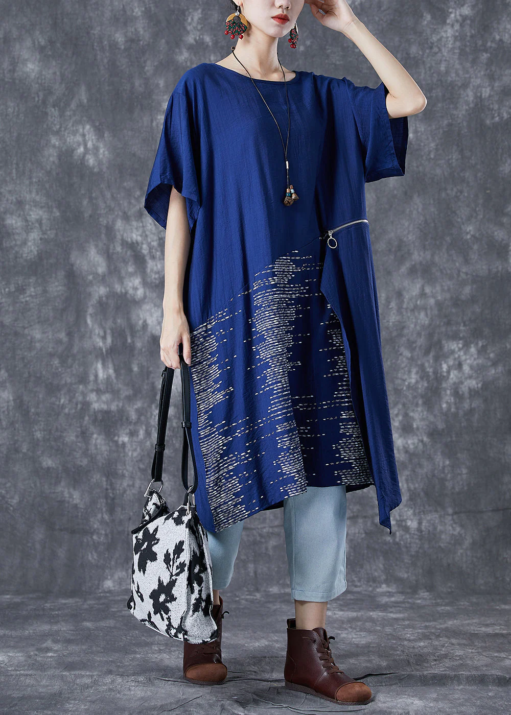 Unique Blue Asymmetrical Patchwork Zippered Cotton Dresses Summer - Image 3