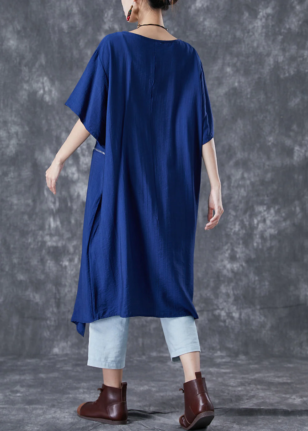 Unique Blue Asymmetrical Patchwork Zippered Cotton Dresses Summer - Image 4