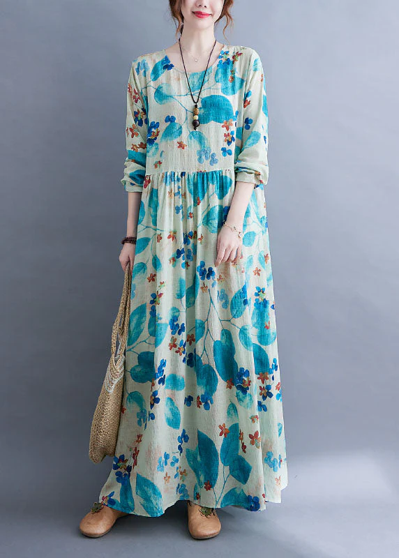 Unique Blue Baggy O-Neck Wrinkled Print Long Dress Long Sleeve - Image 2