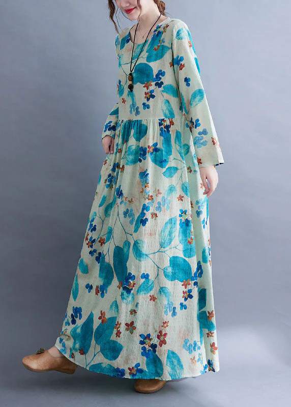 Unique Blue Baggy O-Neck Wrinkled Print Long Dress Long Sleeve - Image 3