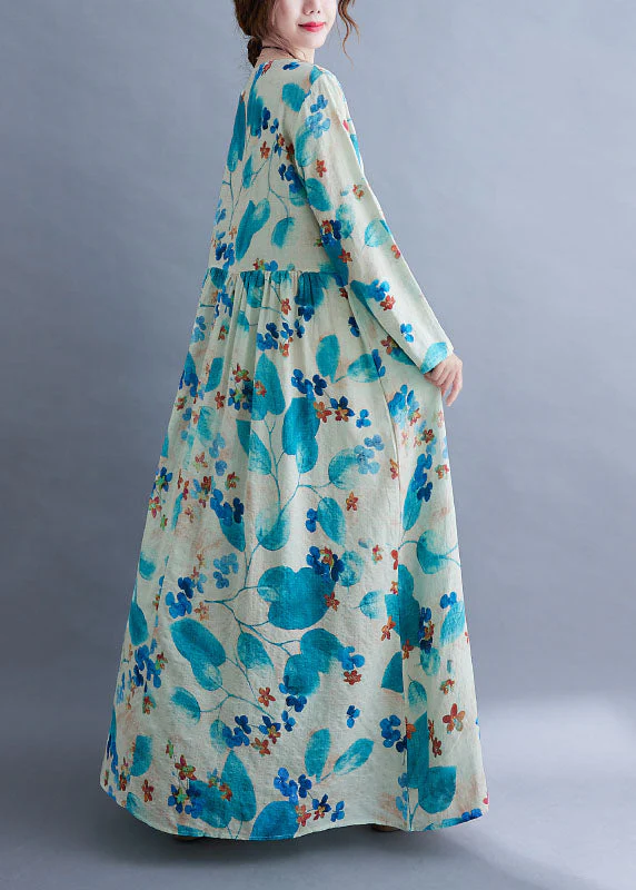 Unique Blue Baggy O-Neck Wrinkled Print Long Dress Long Sleeve - Image 4