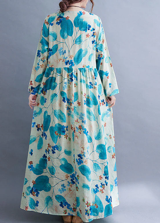 Unique Blue Baggy O-Neck Wrinkled Print Long Dress Long Sleeve - Image 5