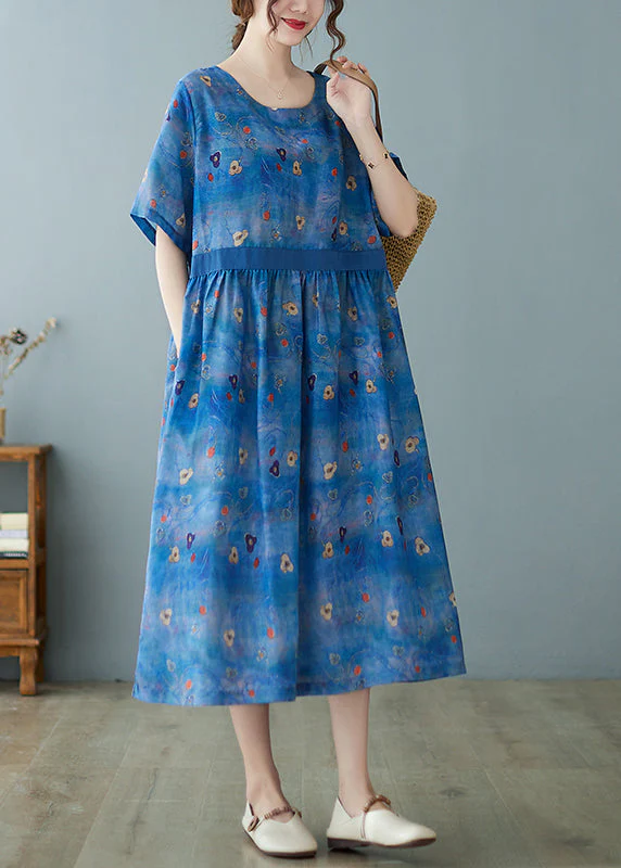 Unique Blue Cinche Patchwork Print Linen Long Dress Short Sleeve - Image 2