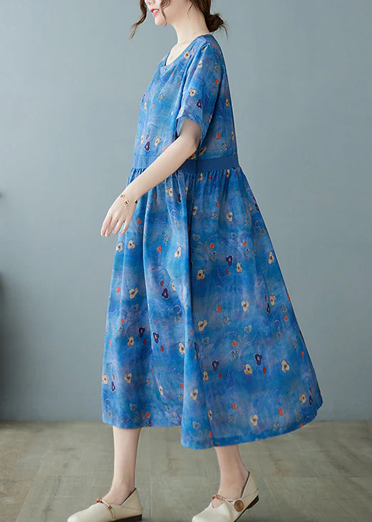 Unique Blue Cinche Patchwork Print Linen Long Dress Short Sleeve - Image 3