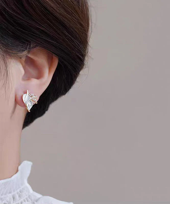 Unique Blue Copper Overgild Zircon Leaf Stud Earrings - Image 2