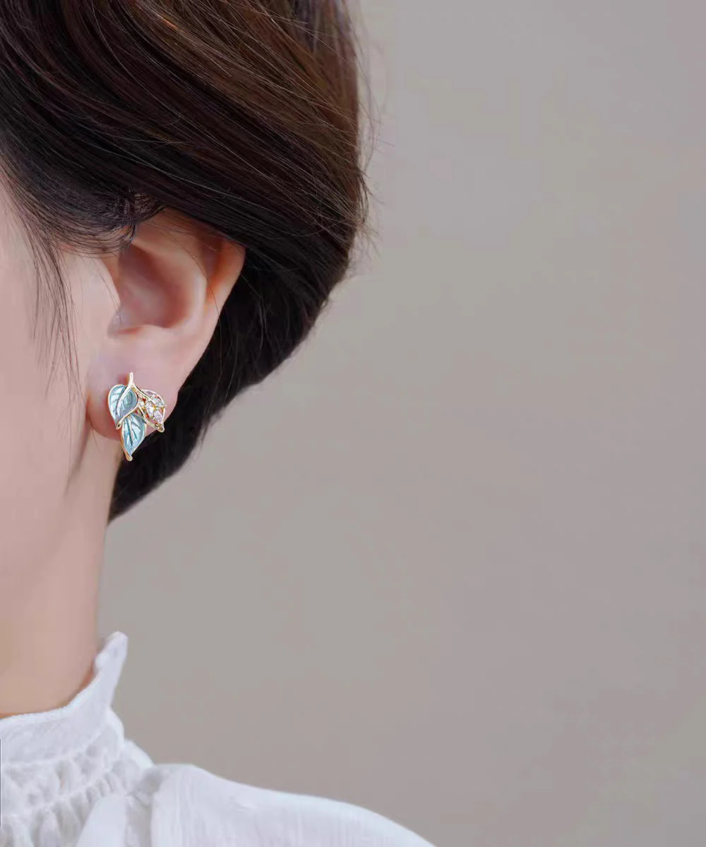 Unique Blue Copper Overgild Zircon Leaf Stud Earrings - Image 3