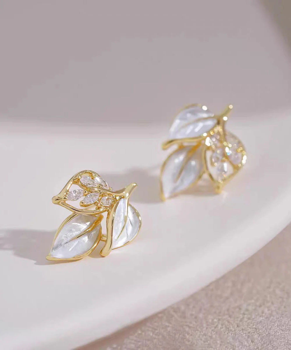 Unique Blue Copper Overgild Zircon Leaf Stud Earrings - Image 4