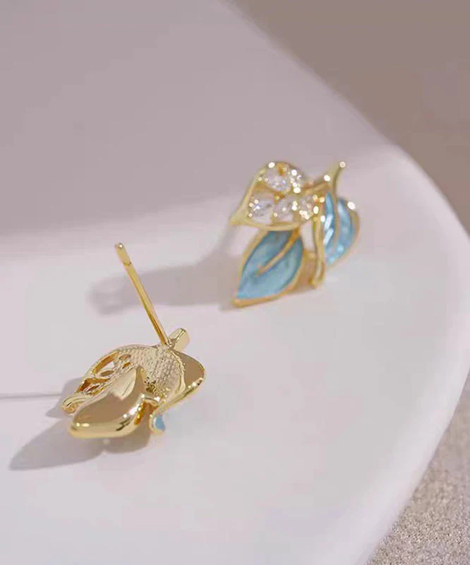 Unique Blue Copper Overgild Zircon Leaf Stud Earrings - Image 5
