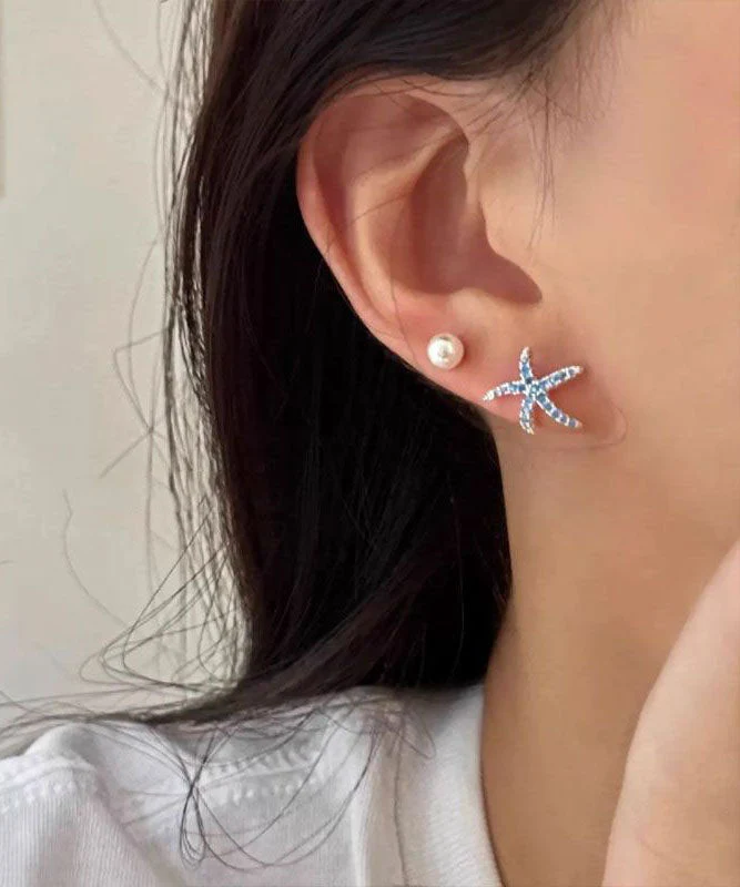 Unique Blue Copper Zircon Starfish Stud Earrings - Image 2