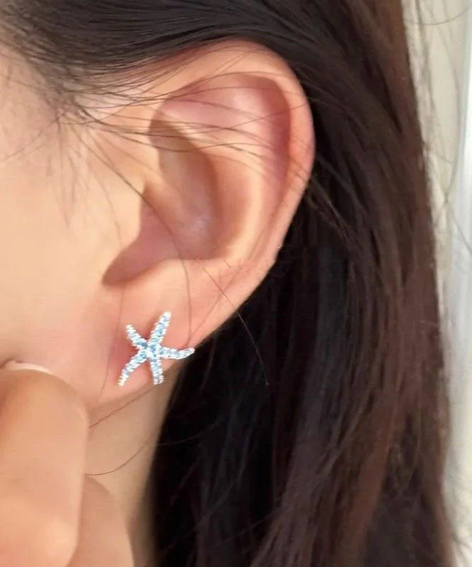 Unique Blue Copper Zircon Starfish Stud Earrings - Image 3