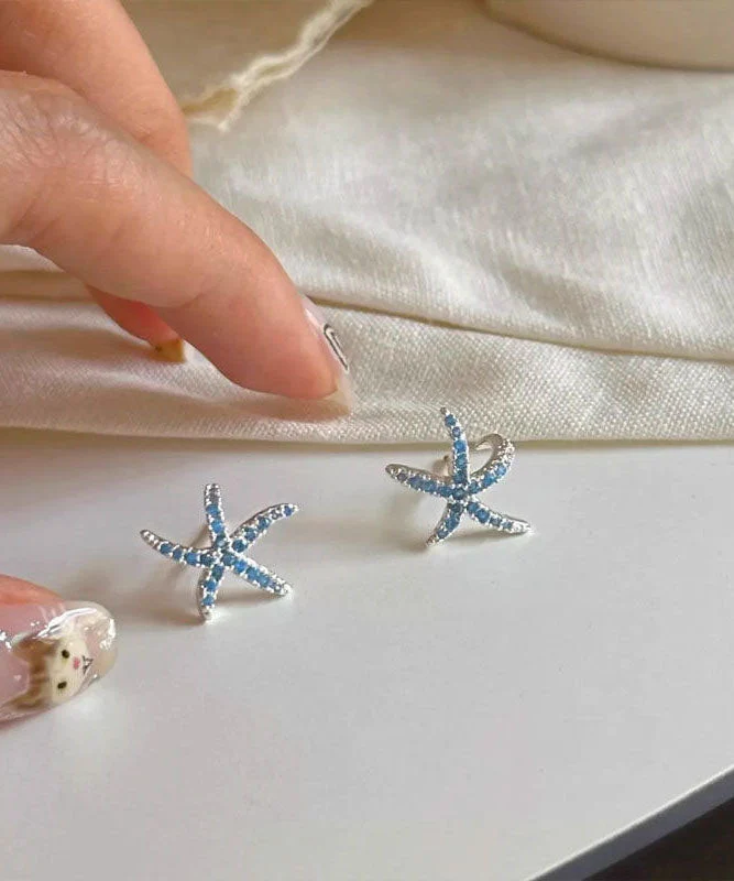 Unique Blue Copper Zircon Starfish Stud Earrings - Image 4