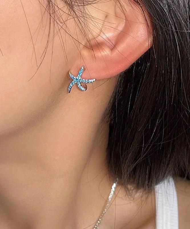 Unique Blue Copper Zircon Starfish Stud Earrings - Image 5