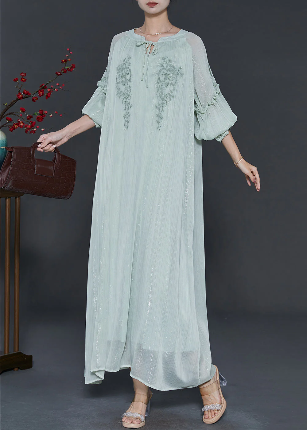 Unique Blue Embroidered Tie Waist Chiffon Holiday Dress Spring - Image 2