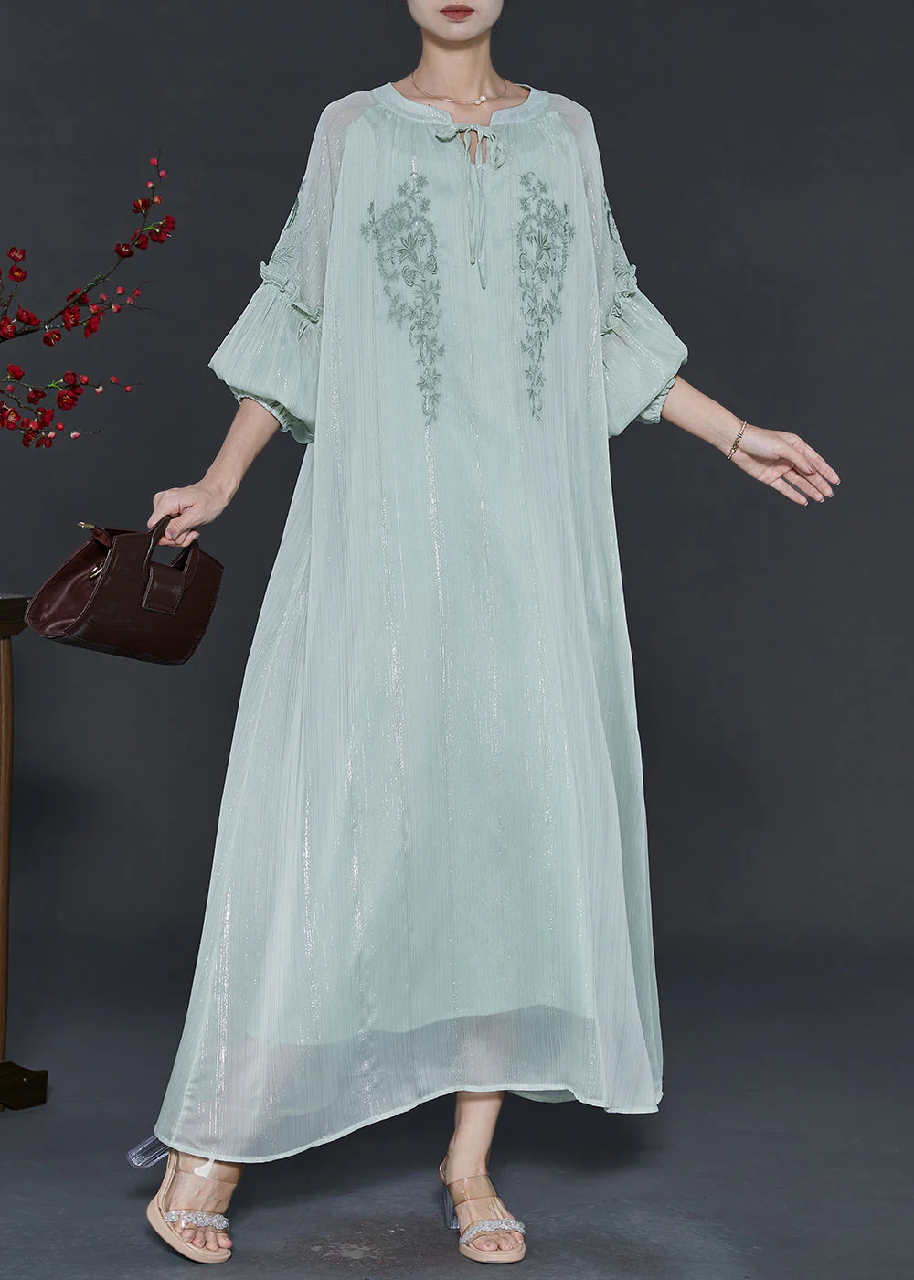 Unique Blue Embroidered Tie Waist Chiffon Holiday Dress Spring - Image 3