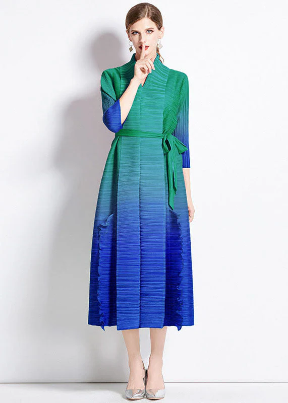 Unique Blue Gradient Ruffled Tie Waist Patchwork Chiffon Long Dress Summer