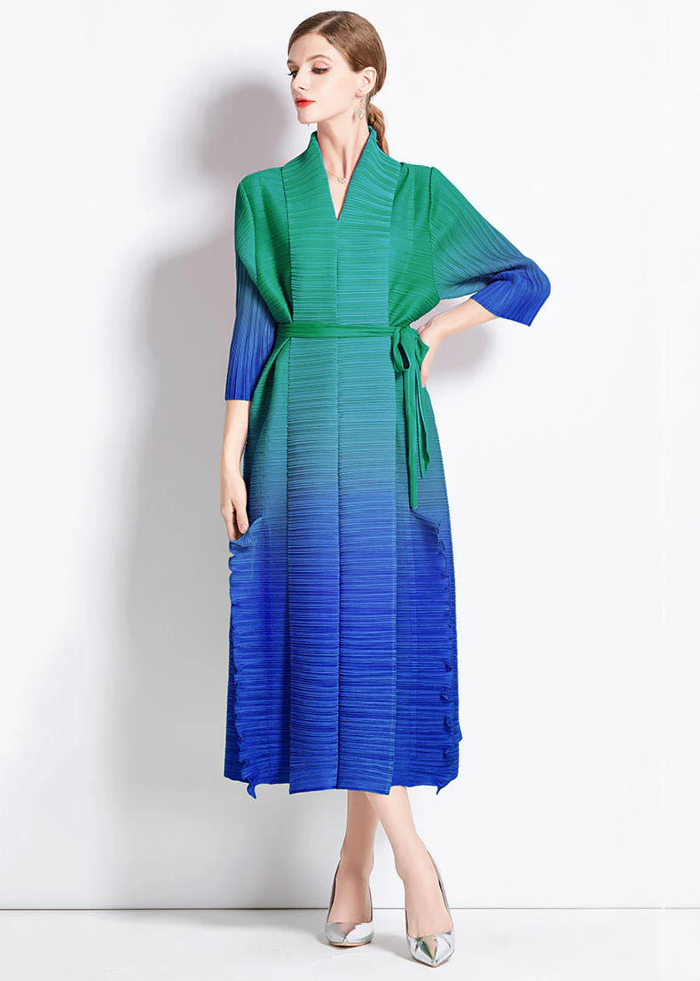 Unique Blue Gradient Ruffled Tie Waist Patchwork Chiffon Long Dress Summer - Image 3