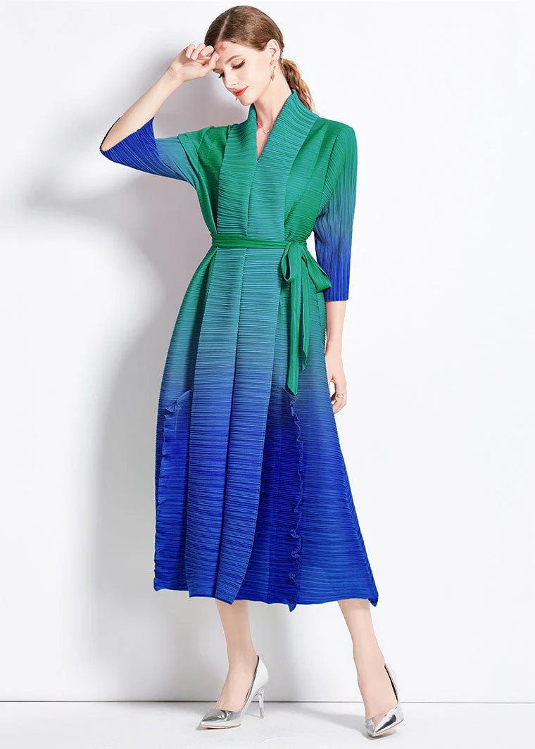 Unique Blue Gradient Ruffled Tie Waist Patchwork Chiffon Long Dress Summer - Image 4