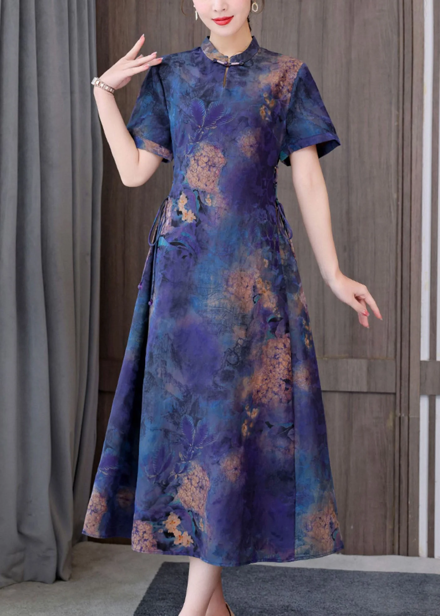 Unique Blue Mandarin Collar tie waist Tie Dye Silk Dresses Short Sleeve - Image 2