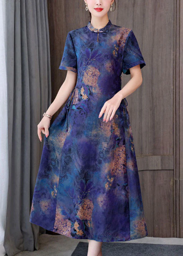 Unique Blue Mandarin Collar tie waist Tie Dye Silk Dresses Short Sleeve - Image 3