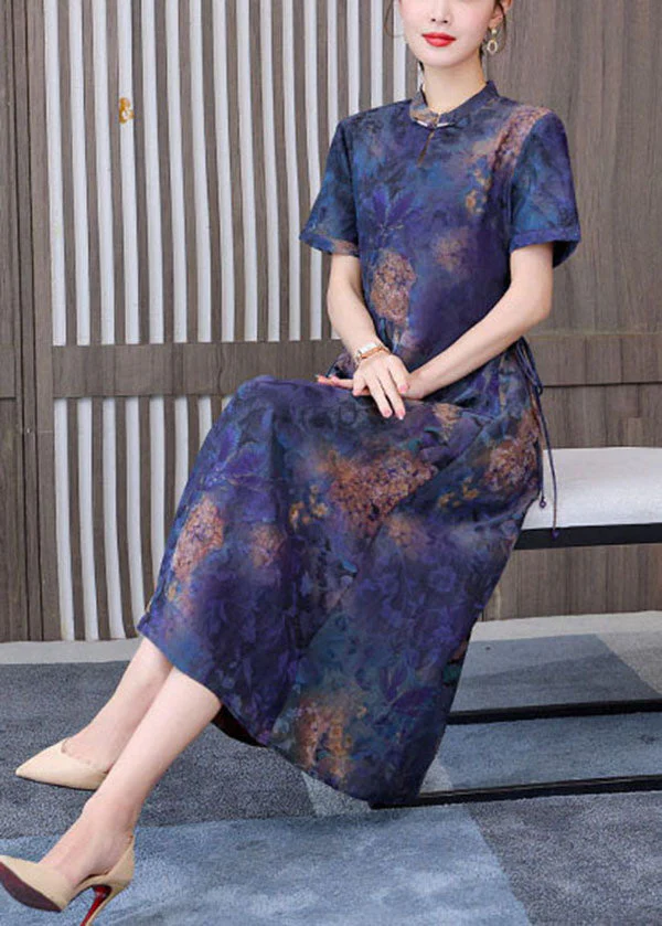 Unique Blue Mandarin Collar tie waist Tie Dye Silk Dresses Short Sleeve - Image 4