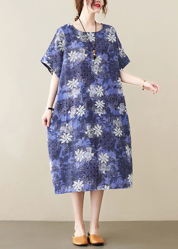 Unique Blue O-Neck Print Long Dresses Short Sleeve - Image 3