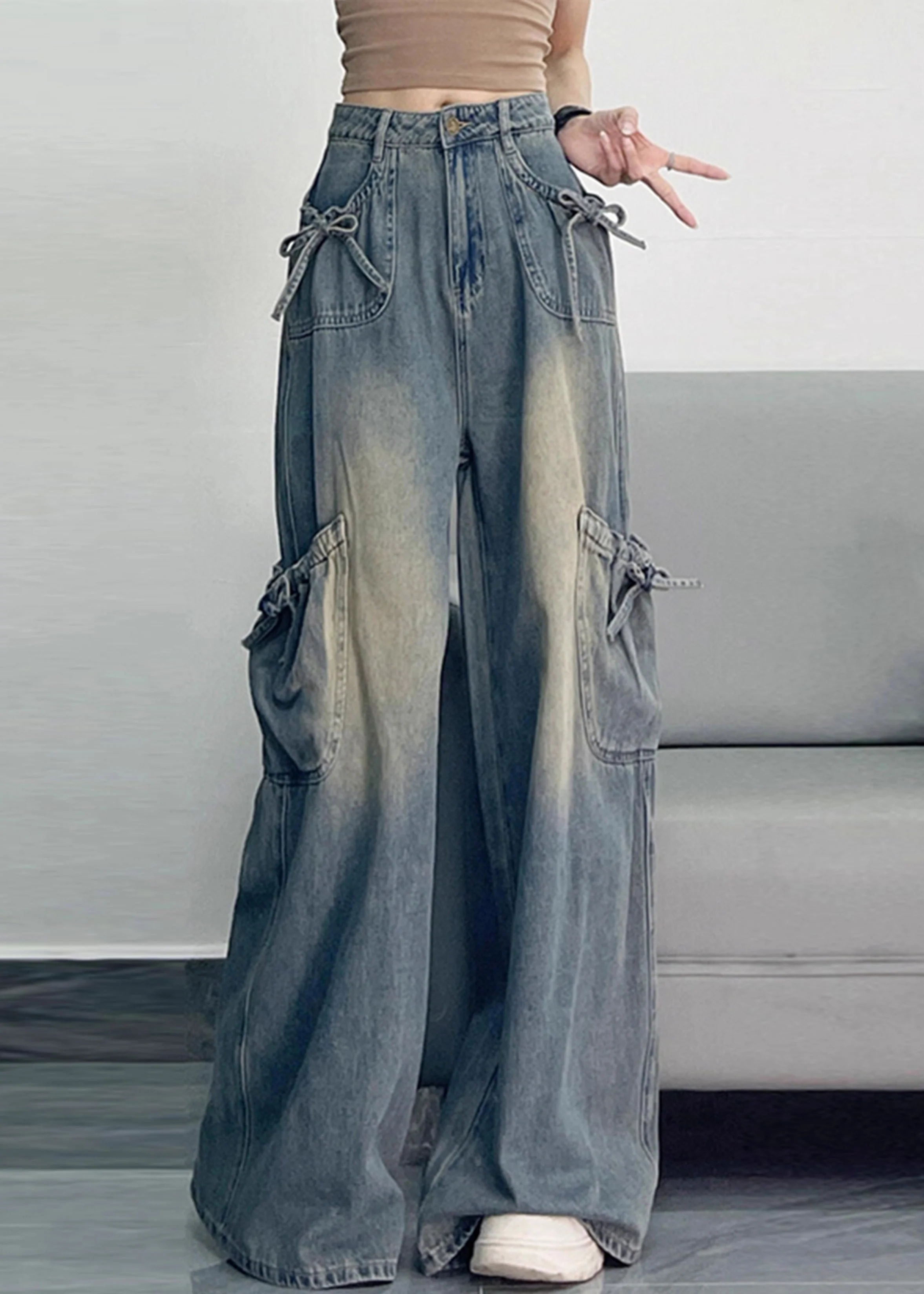 Unique Blue Oversized Pockets Denim Wide Leg Pants Spring - Image 2