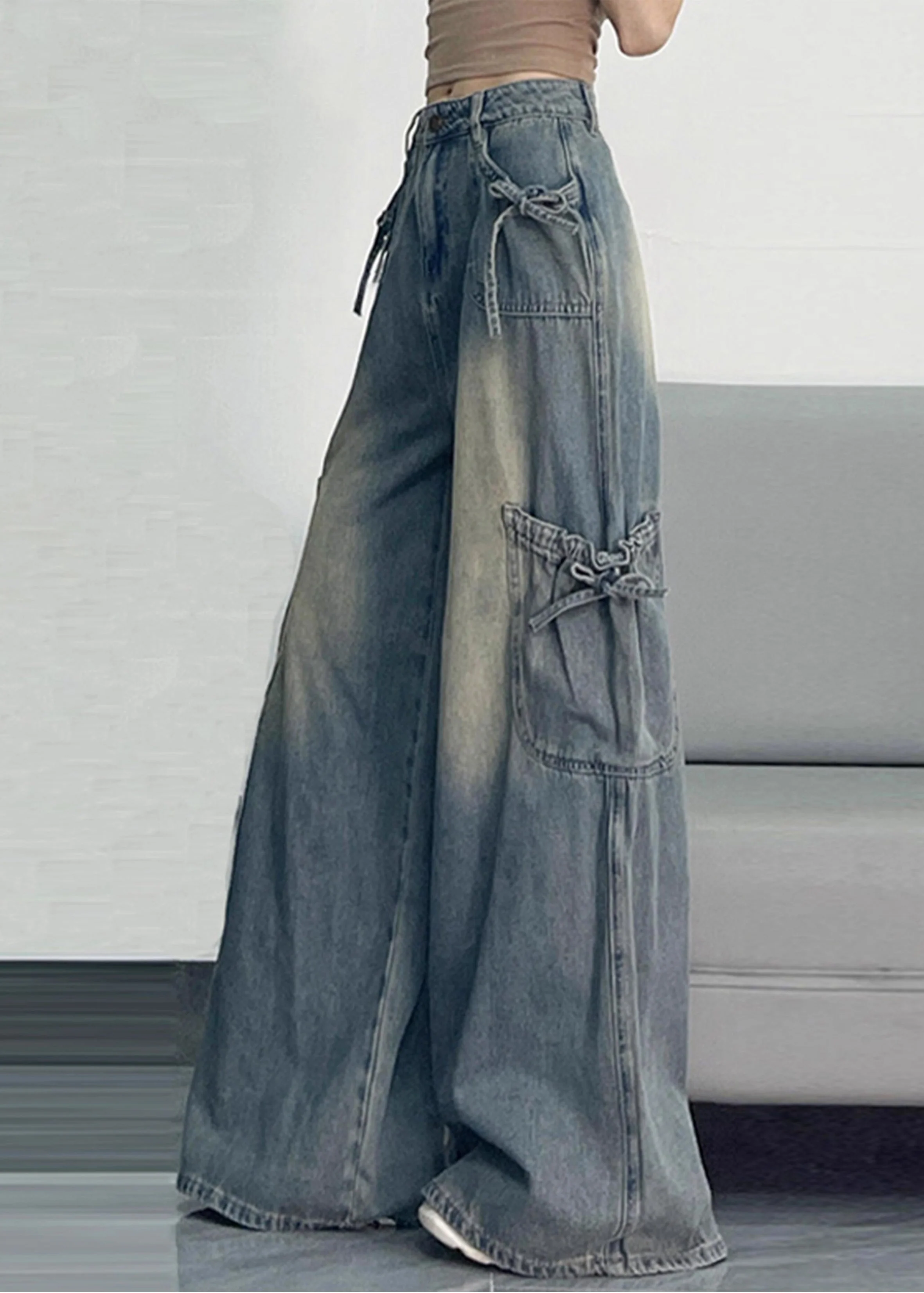 Unique Blue Oversized Pockets Denim Wide Leg Pants Spring - Image 3