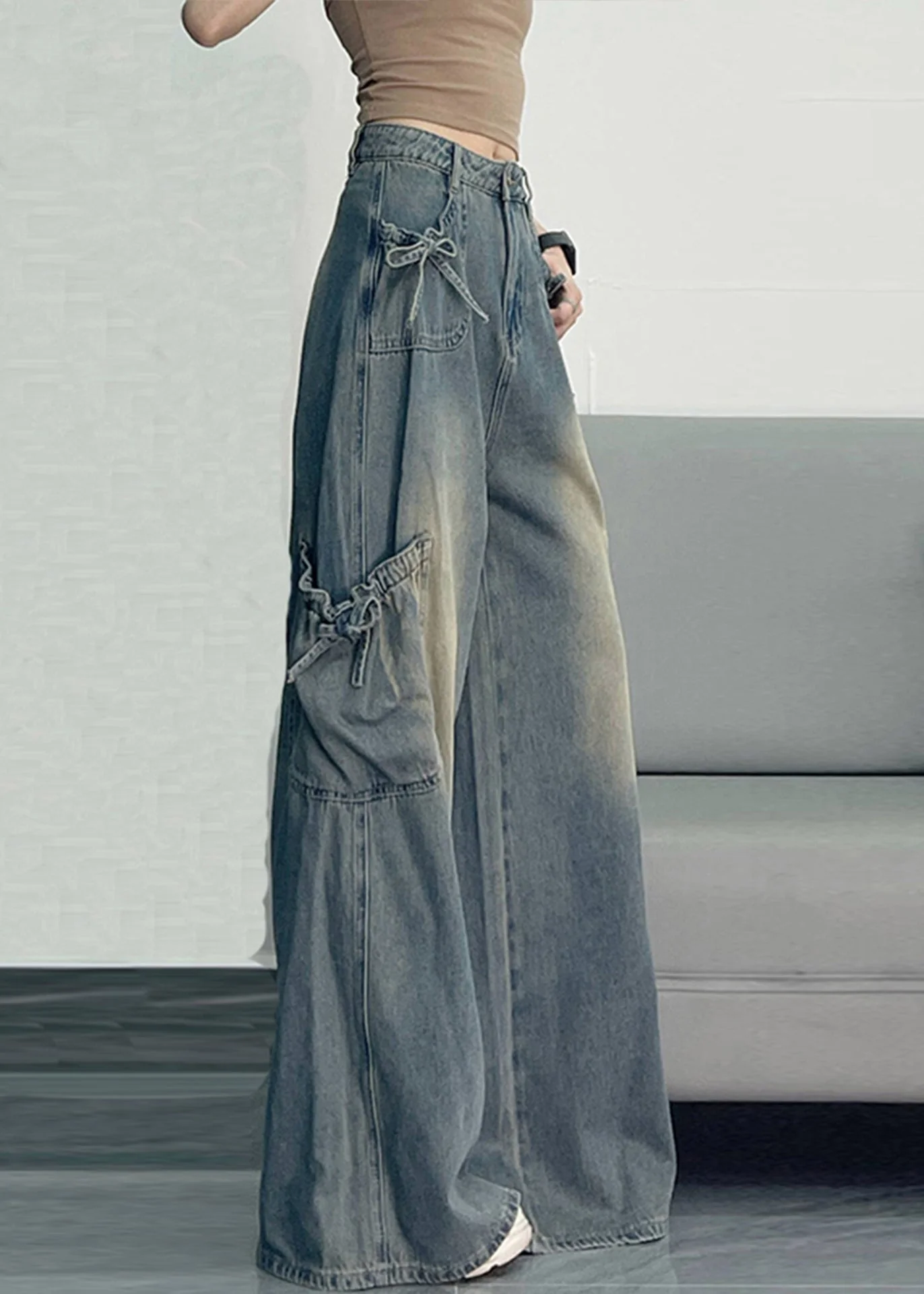 Unique Blue Oversized Pockets Denim Wide Leg Pants Spring - Image 4