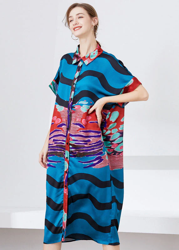 Unique Blue Oversized Print Chiffon Shirt Dress Summer - Image 2