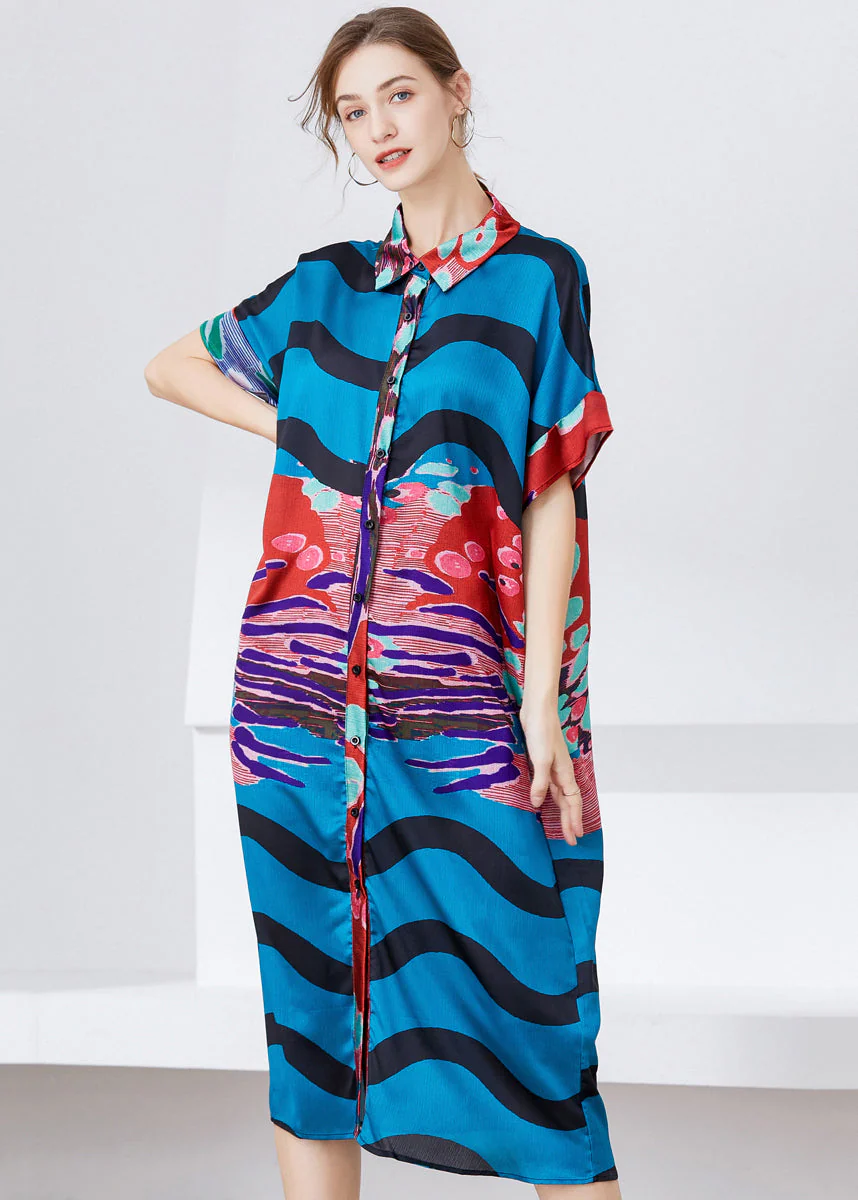 Unique Blue Oversized Print Chiffon Shirt Dress Summer - Image 3