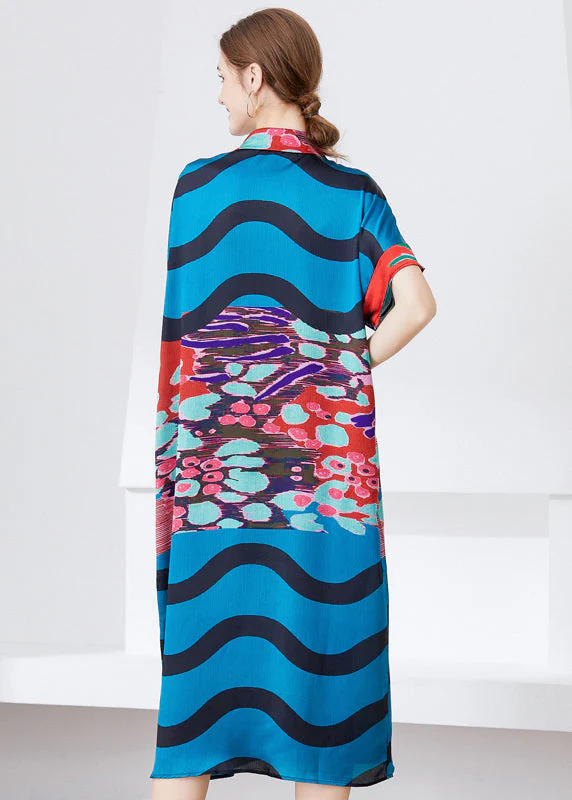 Unique Blue Oversized Print Chiffon Shirt Dress Summer - Image 4