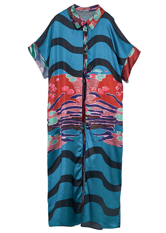Unique Blue Oversized Print Chiffon Shirt Dress Summer - Image 5