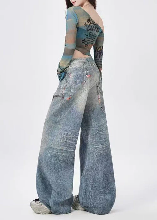 Unique Blue Oversized Print Denim Wide Leg Pants Spring - Image 4