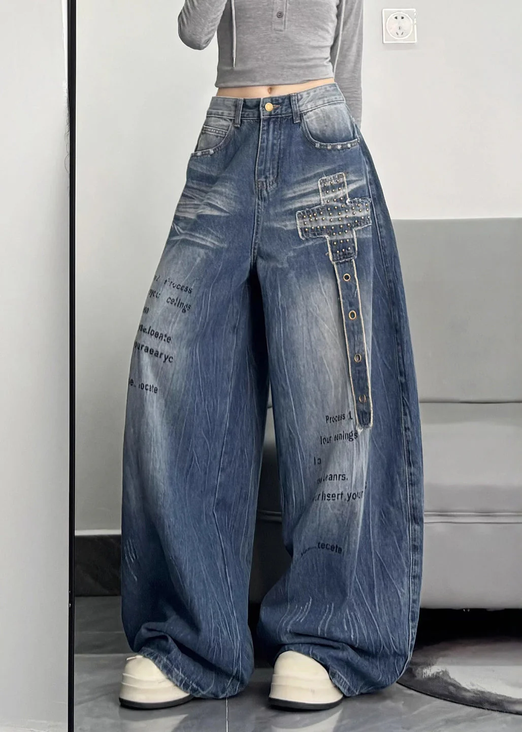 Unique Blue Oversized Rivet Warm Fleece Denim Pants Winter - Image 2