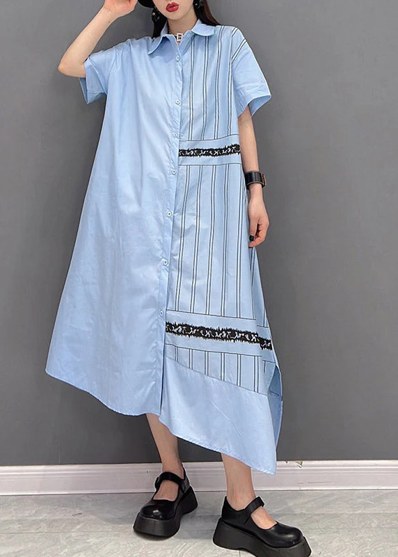Unique Blue Peter Pan Collar Asymmetrical Striped Button Side Open Dress Short Sleeve - Image 3