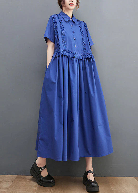 Unique Blue Peter Pan Collar Button Wrinkled Cotton shirt Dress Short Sleeve - Image 3