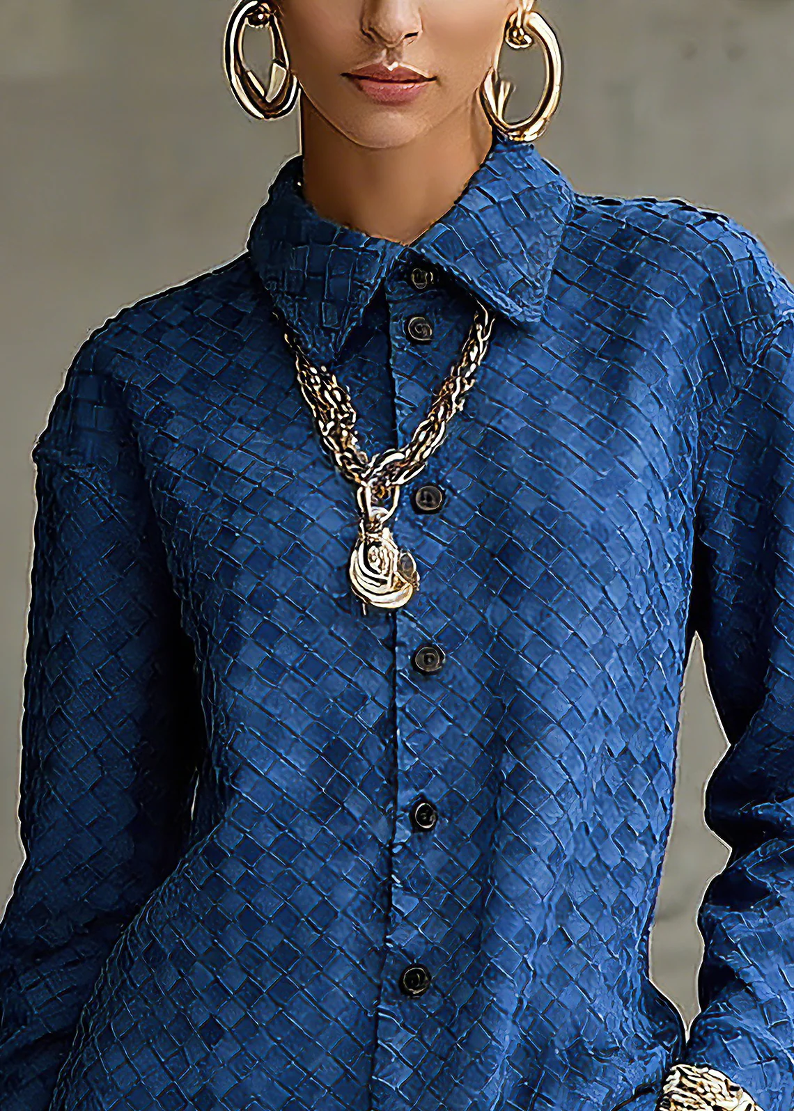 Unique Blue Peter Pan Collar Plaid Button Faux Suede Shirt Spring - Image 3