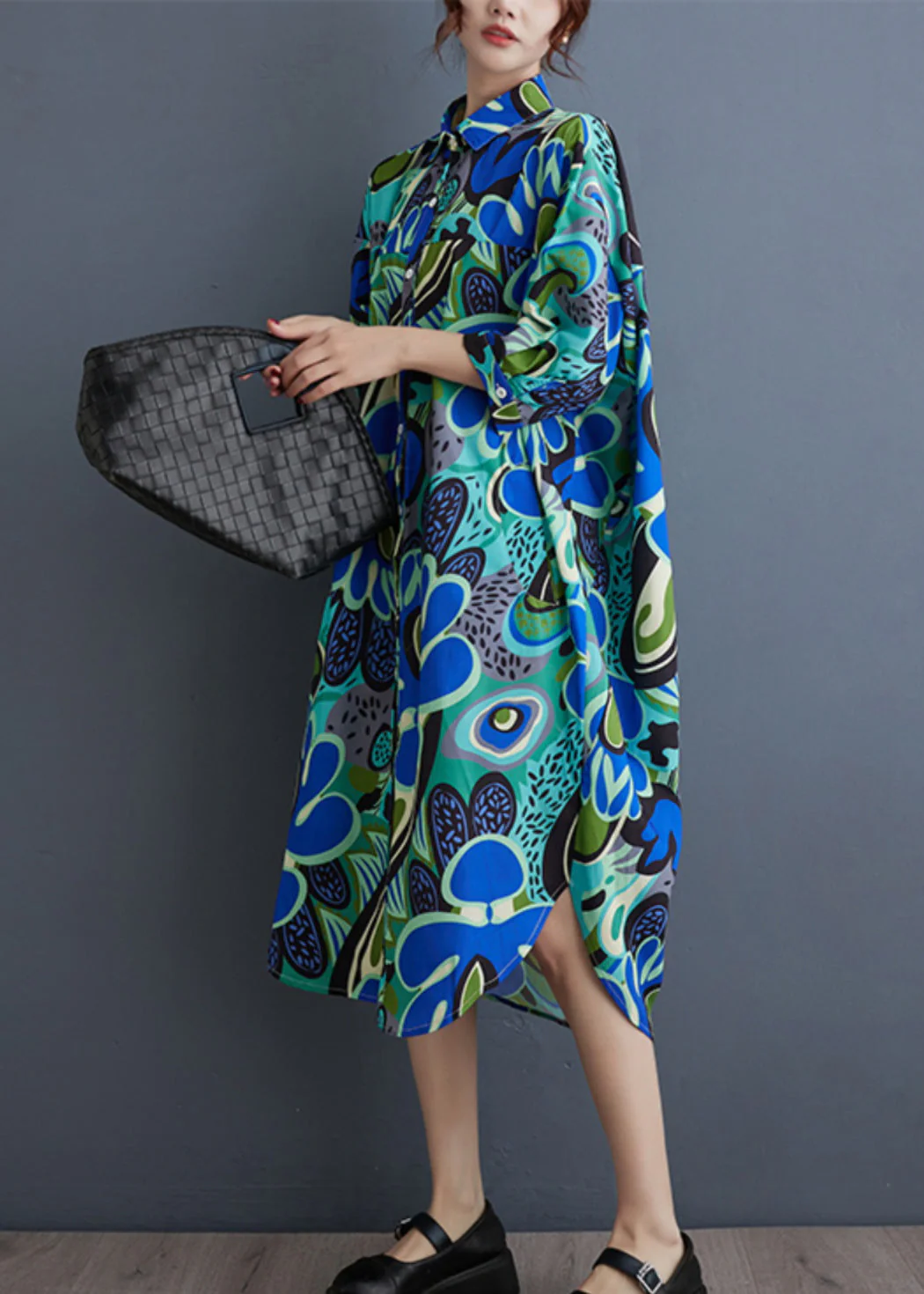 Unique Blue Peter Pan Collar Print Cotton Shirts Dresses Summer - Image 3