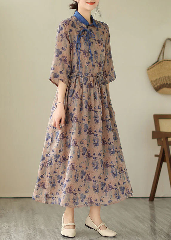 Unique Blue Peter Pan Collar Print Drawstring Button Linen Long Dresses Short Sleeve - Image 5
