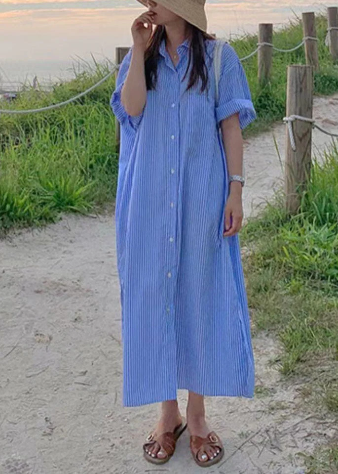 Unique Blue Peter Pan Collar Striped Cotton Shirts Dress Summer - Image 2