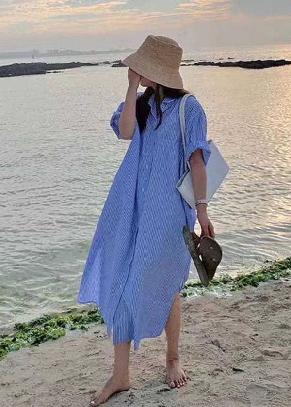 Unique Blue Peter Pan Collar Striped Cotton Shirts Dress Summer - Image 3