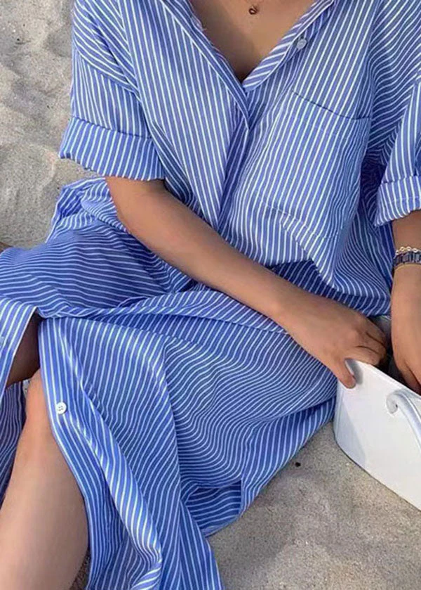 Unique Blue Peter Pan Collar Striped Cotton Shirts Dress Summer - Image 4