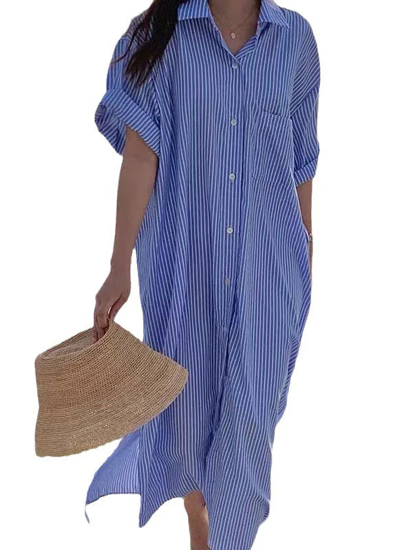 Unique Blue Peter Pan Collar Striped Cotton Shirts Dress Summer - Image 5