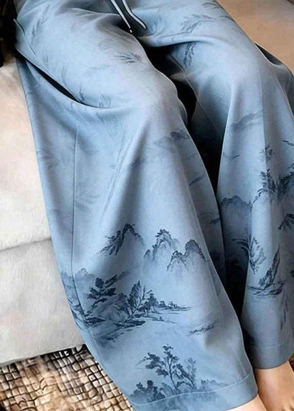 Unique Blue Print Drawstring Wide Leg Trousers Summer - Image 2